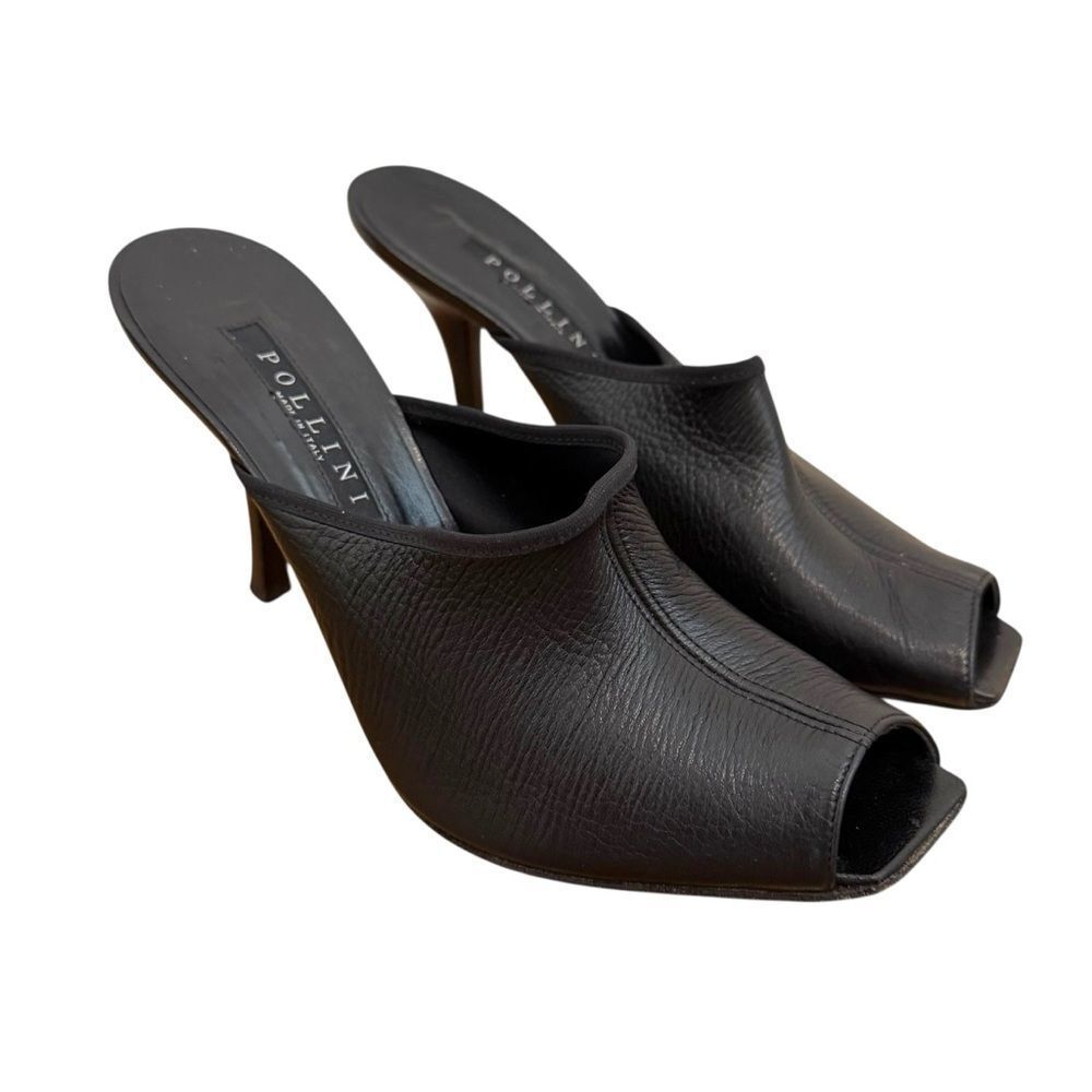 Pollini Black Leather Peep-Toe Mules Size 38